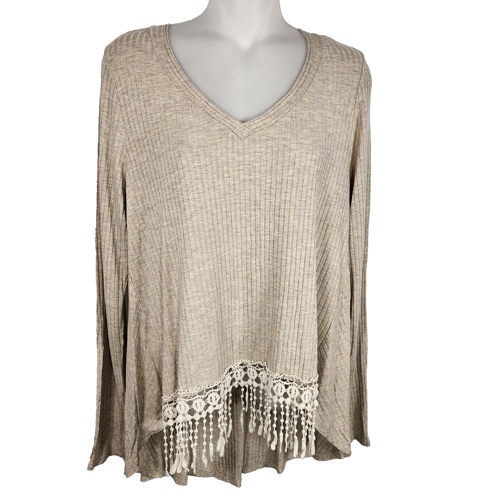 Paper Crane Womens Top Fringe Crochet Hem Pullover Tan Ribbed V Neck Large Boho